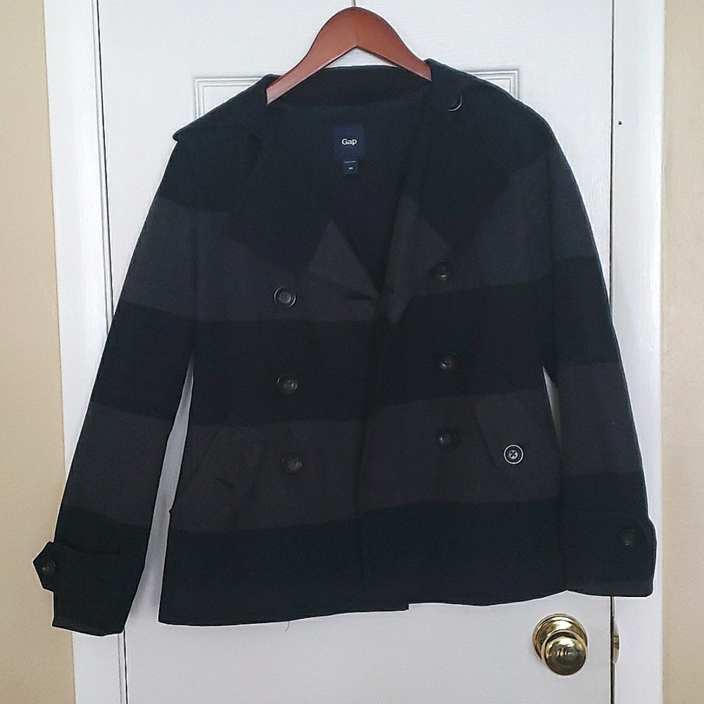 Gap Black and Gray Striped Cotton Pea Coat